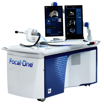 Focal One robotic platform for prostate tissue ablation, featuring dual monitors displaying ultrasound images and a high-intensity focused ultrasound (HIFU) probe.